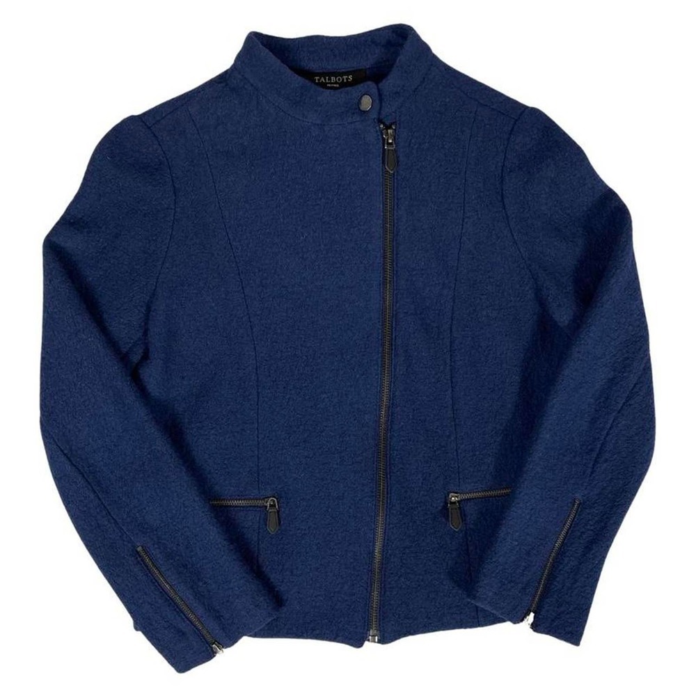 Talbots Navy Blue Wool Blend Asymmetrical Zip Military Bomber Jacker